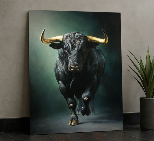 Fierce Charging Bull With Golden Horns Canvas Wall Art