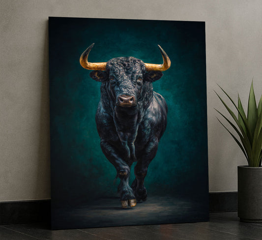 Majestic Black Bull With Golden Horns Canvas Wall Art