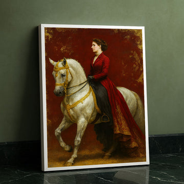 Majestic Woman In Red Riding White Horse Canvas Wall Art