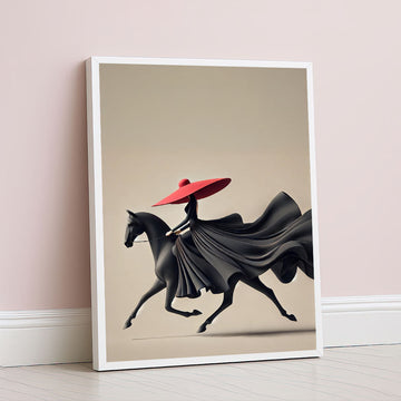 Dramatic Woman In Flowing Black Gown On Horse Canvas Wall Art