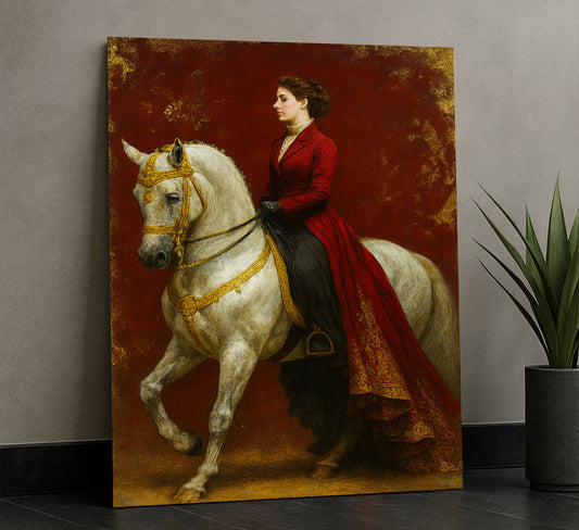 Majestic Woman In Red Riding White Horse Canvas Wall Art