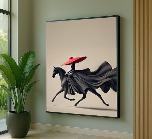 Dramatic Woman In Flowing Black Gown On Horse Canvas Wall Art