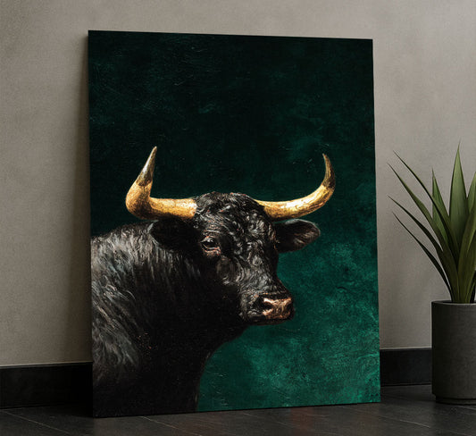 Majestic Black Bull With Golden Horns Canvas Wall Art