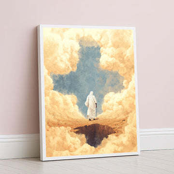 Mystical Figure Walking Through Golden Clouds Canvas Wall Art