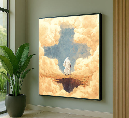 Mystical Figure Walking Through Golden Clouds Canvas Wall Art