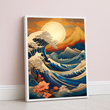 Japanese Wave Art With Blossoms Canvas Wall Art