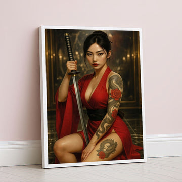 Elegant Samurai Woman With Dragon Tattoo Canvas Wall Art