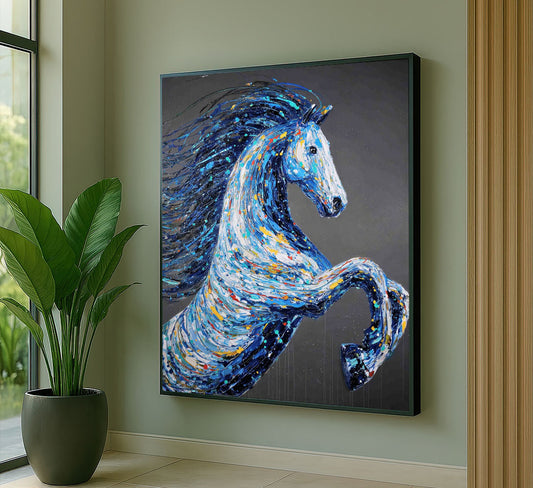 Vibrant Blue And White Galloping Horse Canvas Wall Art