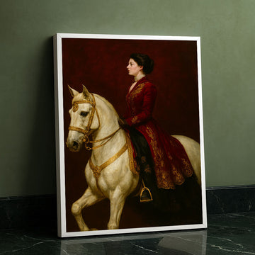 Majestic Woman In Red Gown On White Horse Canvas Wall Art