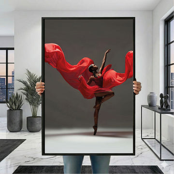 Elegant Black Woman in Flowing Red Dress Canvas Wall Art Print | Modern Living Room Decor | Statement Piece