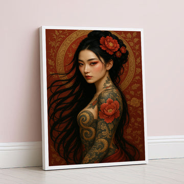 Enchanting Tattooed Woman With Red Flowers Canvas Wall Art