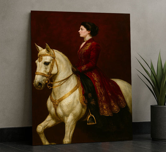 Majestic Woman In Red Gown On White Horse Canvas Wall Art