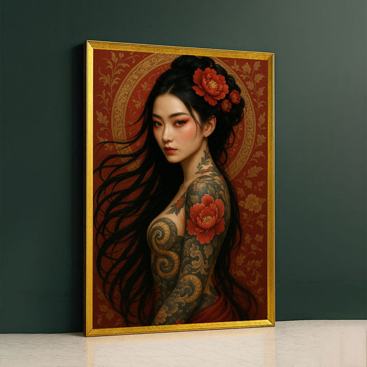 Enchanting Tattooed Woman With Red Flowers Canvas Wall Art