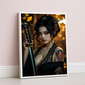 Elegant Samurai Woman With Dragon Tattoo Canvas Wall Art