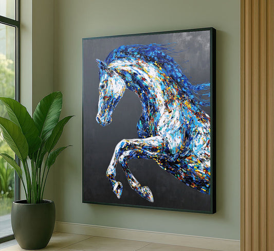 Dynamic Blue And White Galloping Horse Canvas Wall Art