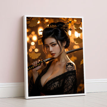 Elegant Samurai Woman With Dragon Tattoo Canvas Wall Art