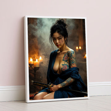 Elegant Samurai Woman With Floral Tattoo Canvas Wall Art
