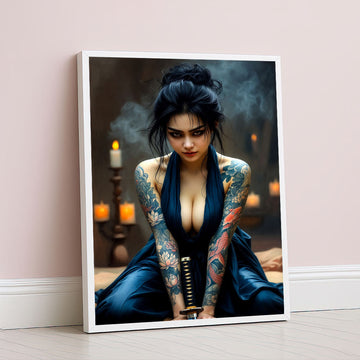 Elegant Samurai Woman With Dragon Tattoo Canvas Wall Art