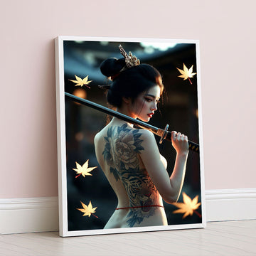 Elegant Samurai Woman With Dragon Tattoo Canvas Wall Art