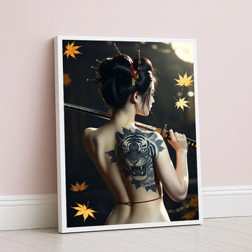 Elegant Samurai Woman With Tiger Tattoo Canvas Wall Art