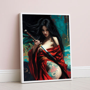 Samurai Woman With Dragon Tattoo Canvas Wall Art