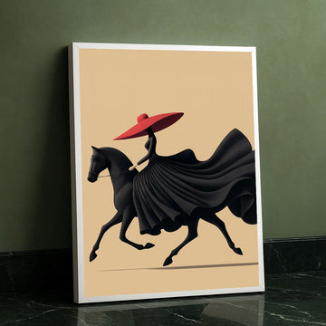 Striking Woman In Black Dress Riding Horse Canvas Wall Art