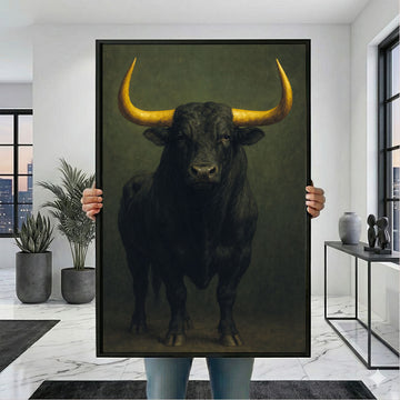 Majestic Bull Portrait Canvas Wall Art Print | Dark Green Living Room Decor | Statement Piece