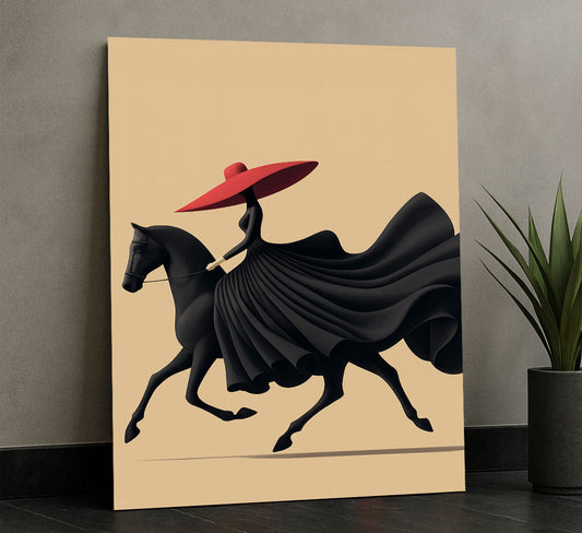 Striking Woman In Black Dress Riding Horse Canvas Wall Art