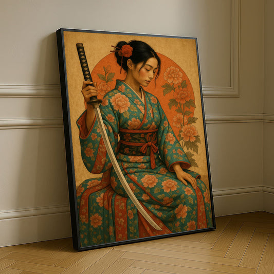 Enchanting Samurai Woman With Floral Kimono Canvas Wall Art
