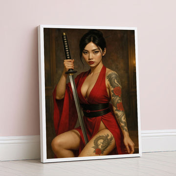 Elegant Samurai Woman With Dragon Tattoo Canvas Wall Art