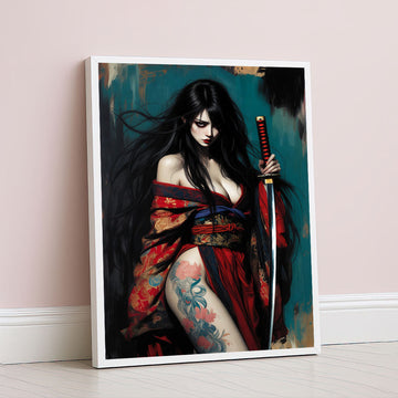 Elegant Samurai Woman With Tattoo Canvas Wall Art