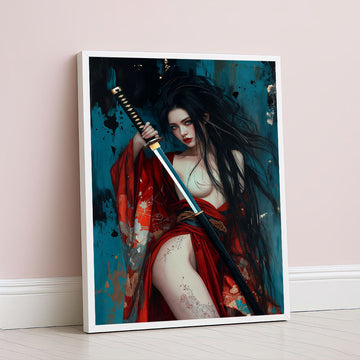 Elegant Samurai Woman With Dragon Tattoo Canvas Wall Art