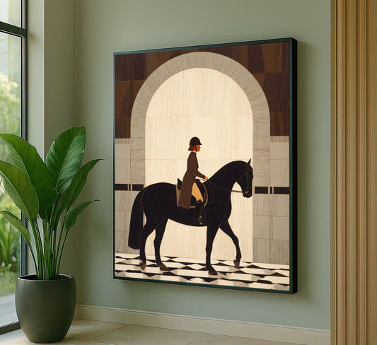Elegant Equestrian Woman On Black Horse Canvas Wall Art