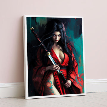 Elegant Samurai Woman With Dragon Tattoo Canvas Wall Art
