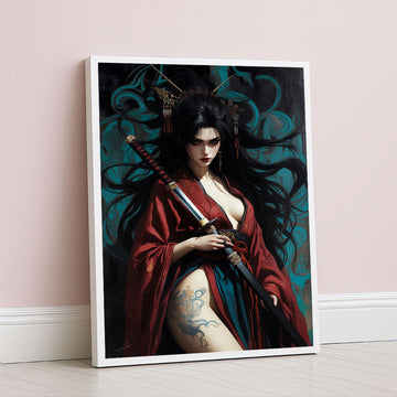 Elegant Samurai Woman With Dragon Tattoo Canvas Wall Art