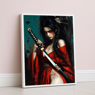 Elegant Samurai Woman With Dragon Tattoo Canvas Wall Art
