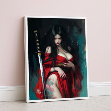 Elegant Samurai Woman With Dragon Tattoo Canvas Wall Art