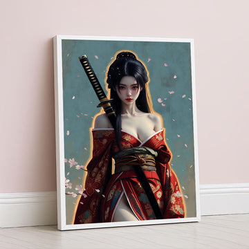 Elegant Samurai Woman With Cherry Blossoms Canvas Wall Art