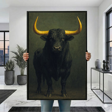 Bold Bull Portrait Canvas Wall Art Print | Dark Green Living Room Decor | Statement Piece