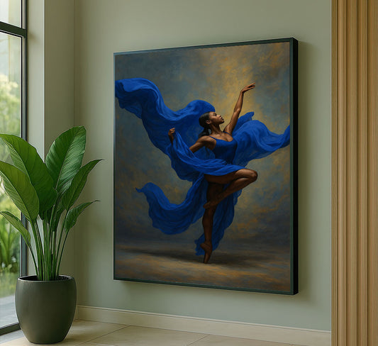 Graceful Black Woman In Flowing Blue Dress Canvas Wall Art