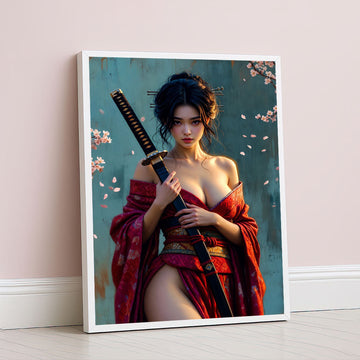 Elegant Samurai Woman With Cherry Blossoms Canvas Wall Art