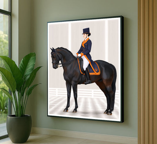 Elegant Equestrian Woman On Black Horse Canvas Wall Art