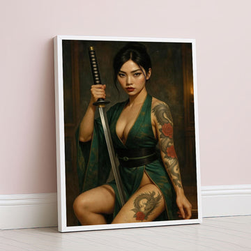 Elegant Samurai Woman With Dragon Tattoo Canvas Wall Art