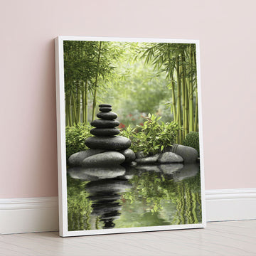 Serene Zen Stone Stack And Bamboo Reflection Canvas Wall Art