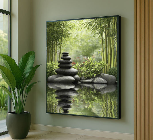 Serene Zen Stone Stack And Bamboo Reflection Canvas Wall Art