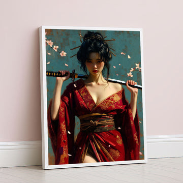 Elegant Samurai Woman With Blossoms Canvas Wall Art