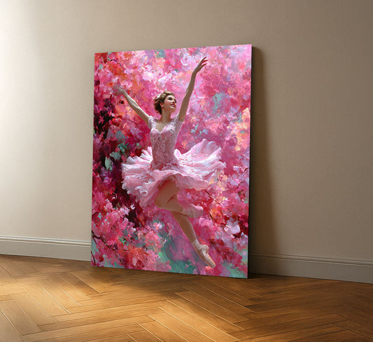 Graceful Ballerina In Pink Floral Dance Canvas Wall Art