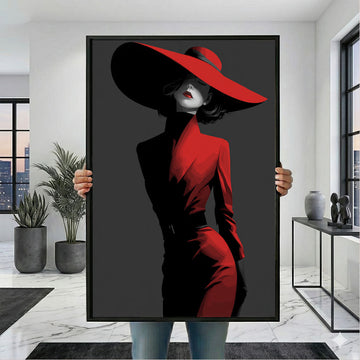 Elegant Woman In Red Dress And Hat Canvas Wall Art