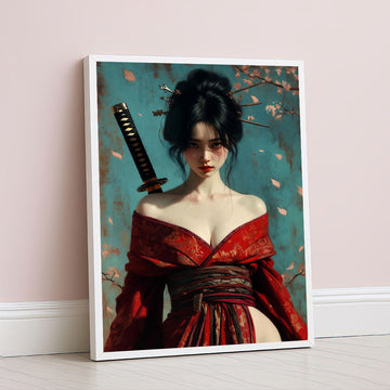 ```elegant Samurai Woman With Cherry Blossoms Canvas Wall Art```