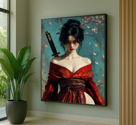 ```elegant Samurai Woman With Cherry Blossoms Canvas Wall Art```